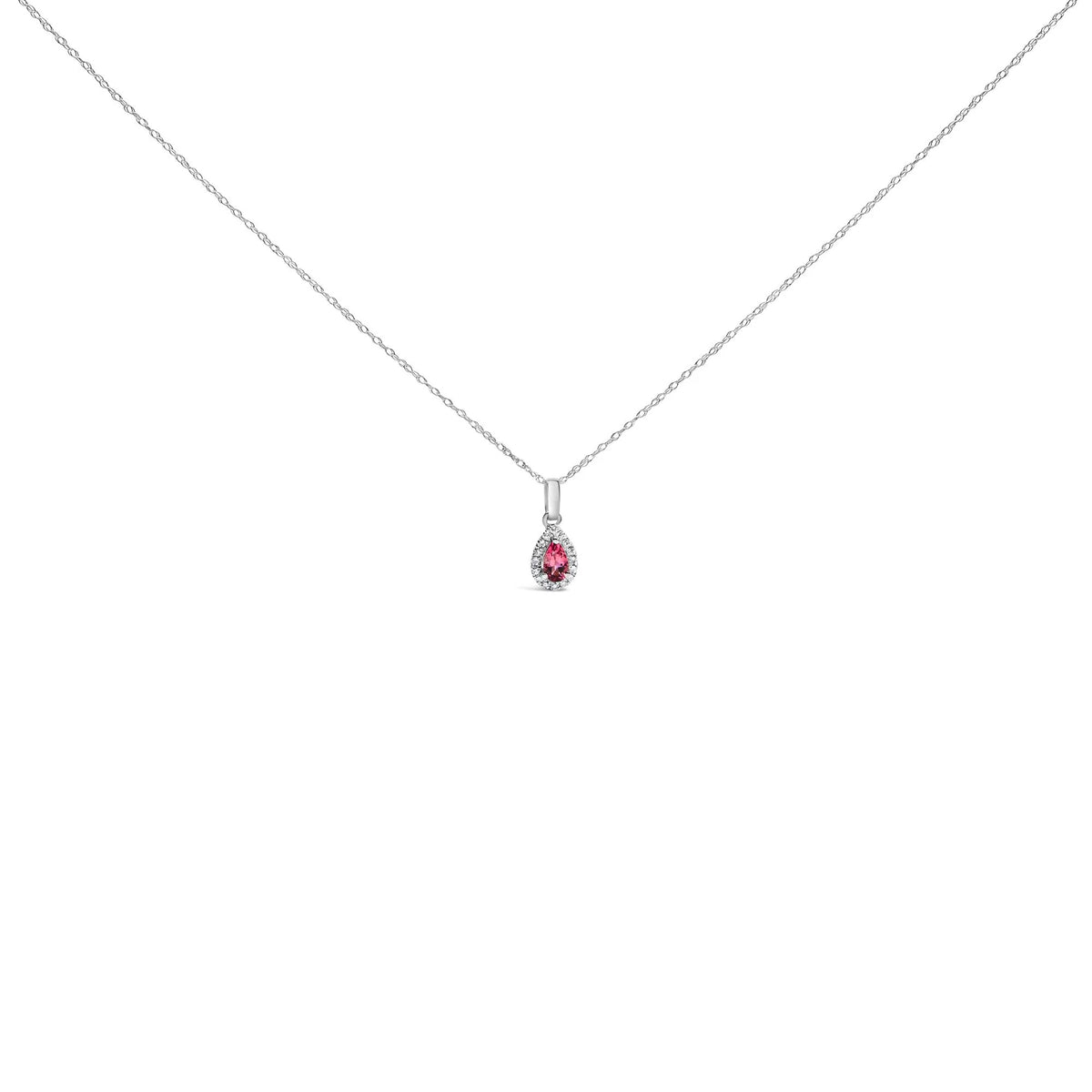 10K White Gold 5x3mm Gemstone and Diamond Accent Halo Pear Shape 18&quot; Pendant Necklace (I-J Color, I1-I2 Clarity)