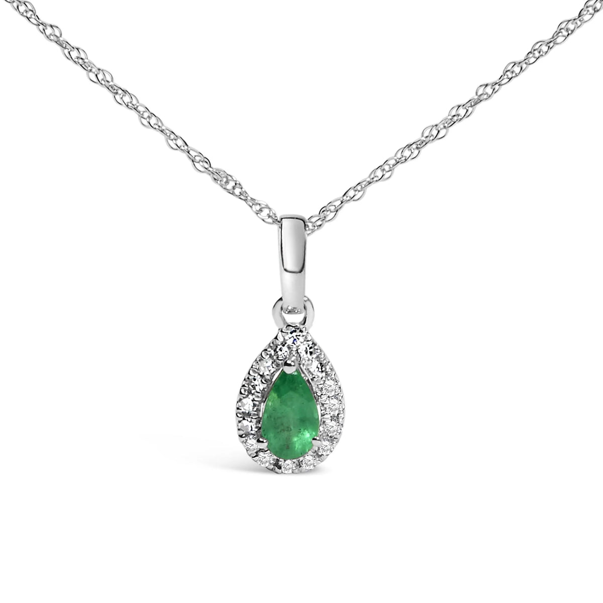 10K White Gold 5x3mm Gemstone and Diamond Accent Halo Pear Shape 18&quot; Pendant Necklace (I-J Color, I1-I2 Clarity)