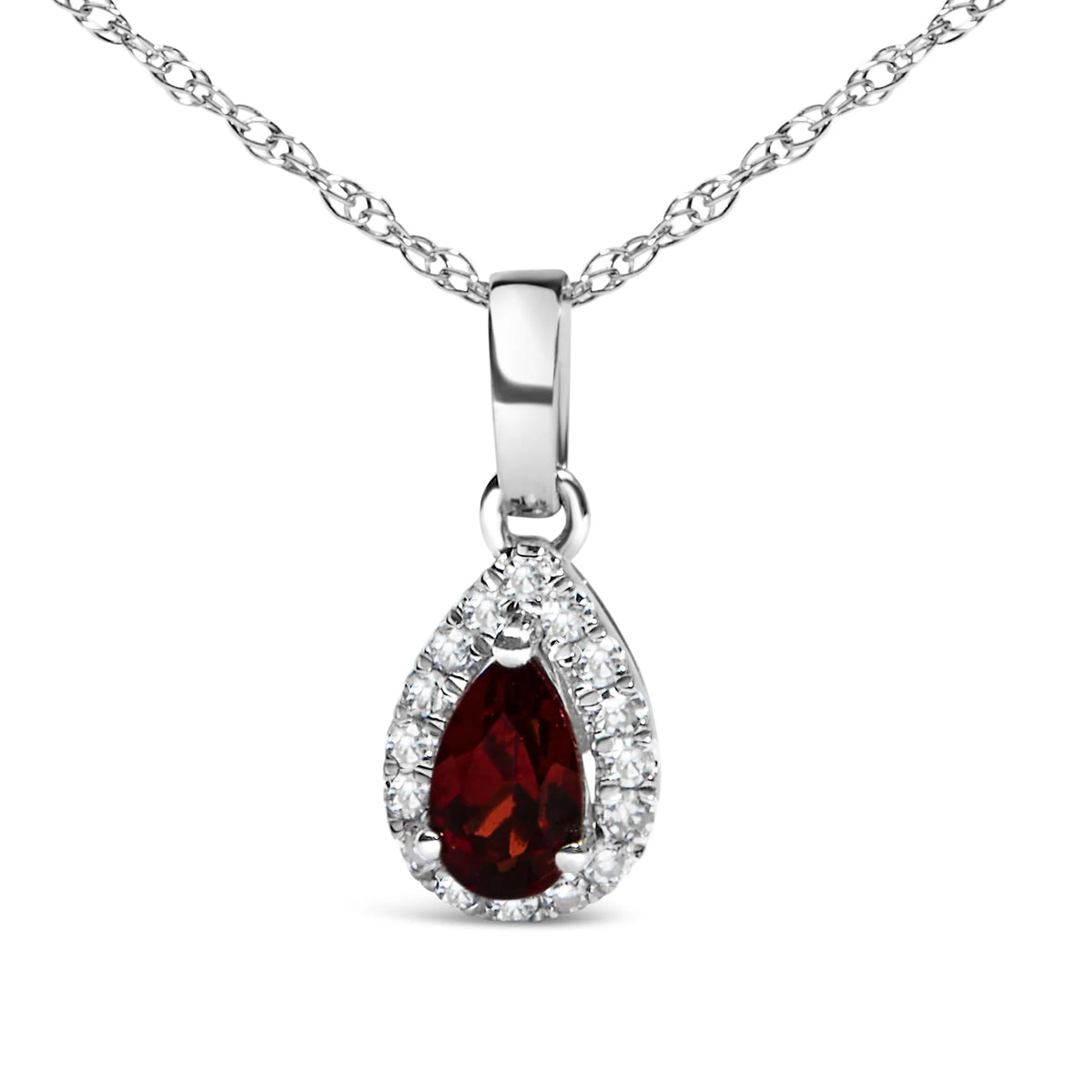 10K White Gold 5x3mm Gemstone and Diamond Accent Halo Pear Shape 18&quot; Pendant Necklace (I-J Color, I1-I2 Clarity)