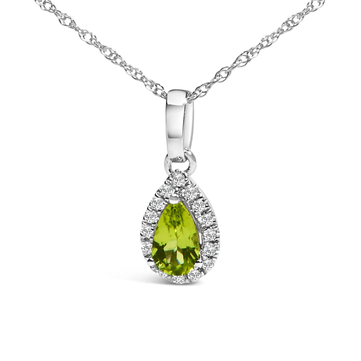 10K White Gold 5x3mm Gemstone and Diamond Accent Halo Pear Shape 18&quot; Pendant Necklace (I-J Color, I1-I2 Clarity)