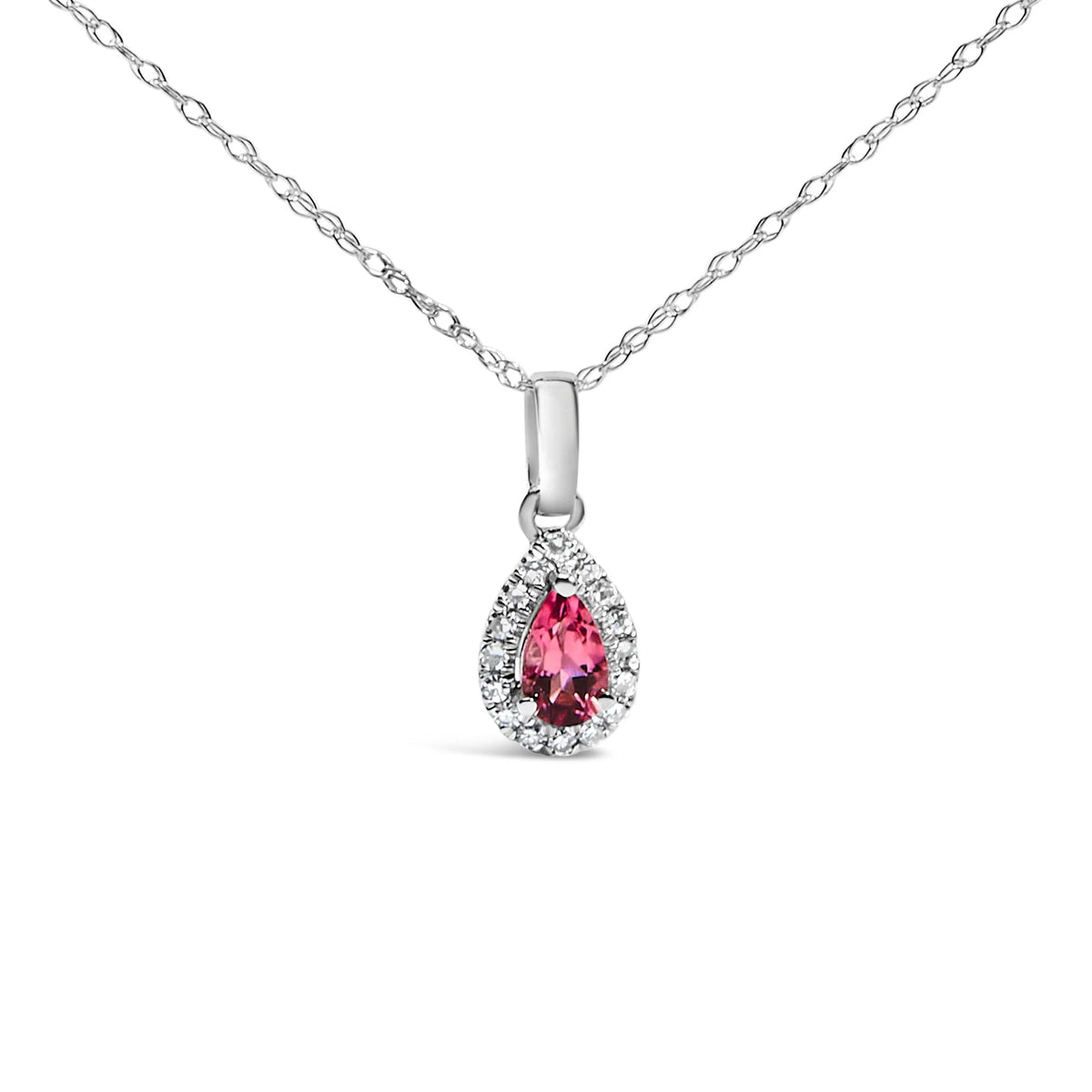 10K White Gold 5x3mm Gemstone and Diamond Accent Halo Pear Shape 18&quot; Pendant Necklace (I-J Color, I1-I2 Clarity)