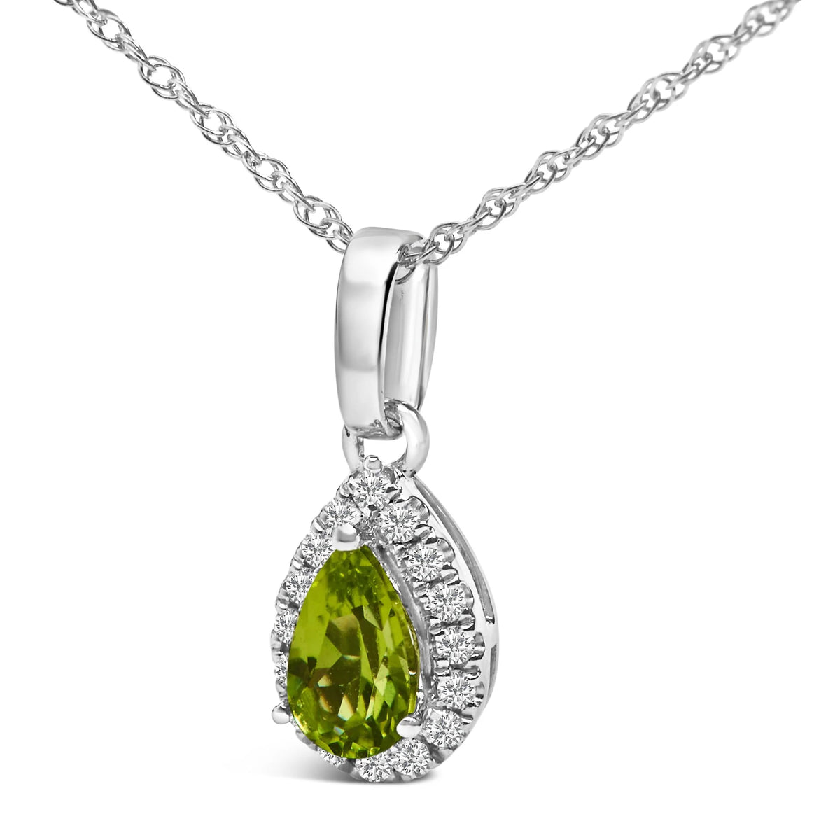 10K White Gold 5x3mm Gemstone and Diamond Accent Halo Pear Shape 18&quot; Pendant Necklace (I-J Color, I1-I2 Clarity)