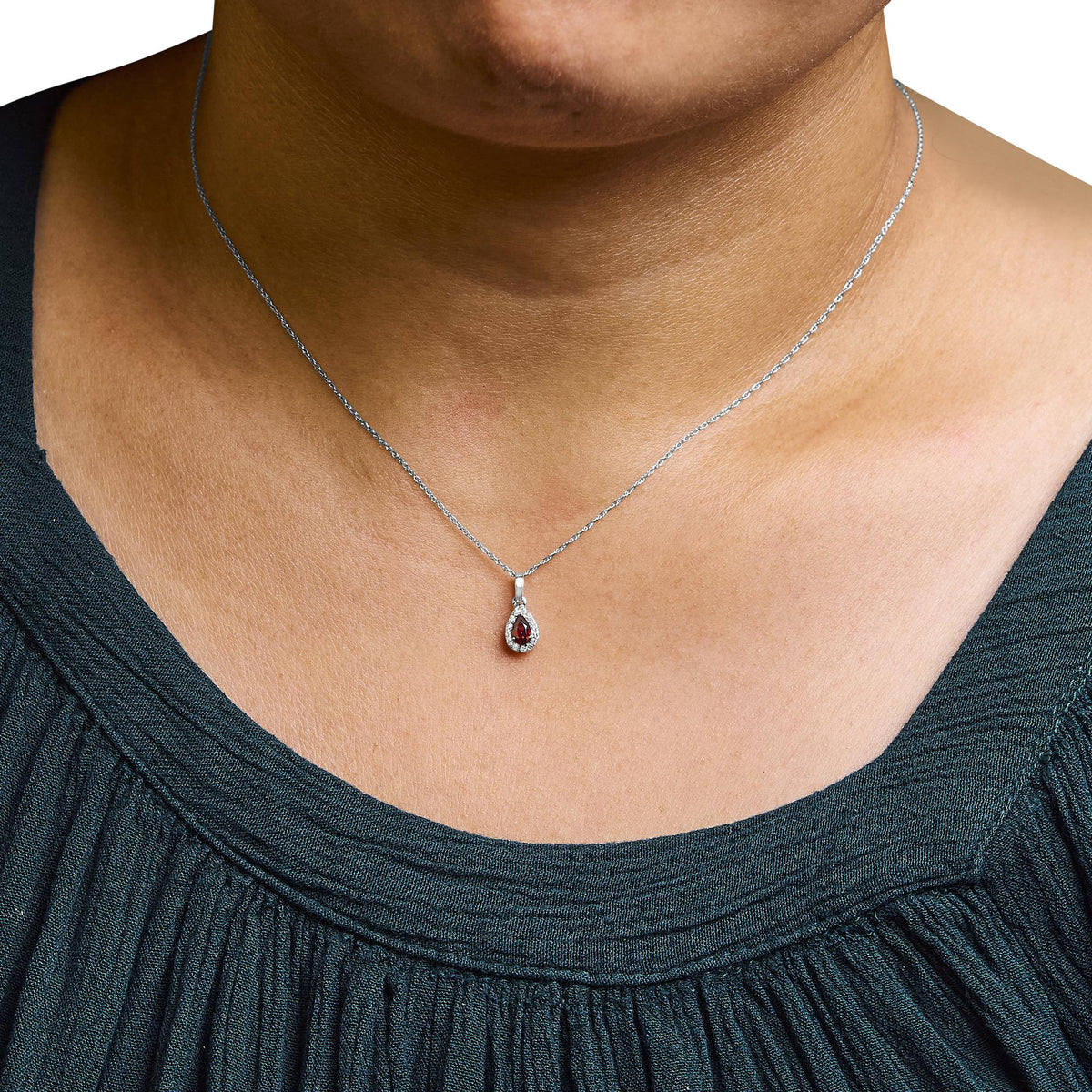 10K White Gold 5x3mm Gemstone and Diamond Accent Halo Pear Shape 18&quot; Pendant Necklace (I-J Color, I1-I2 Clarity)