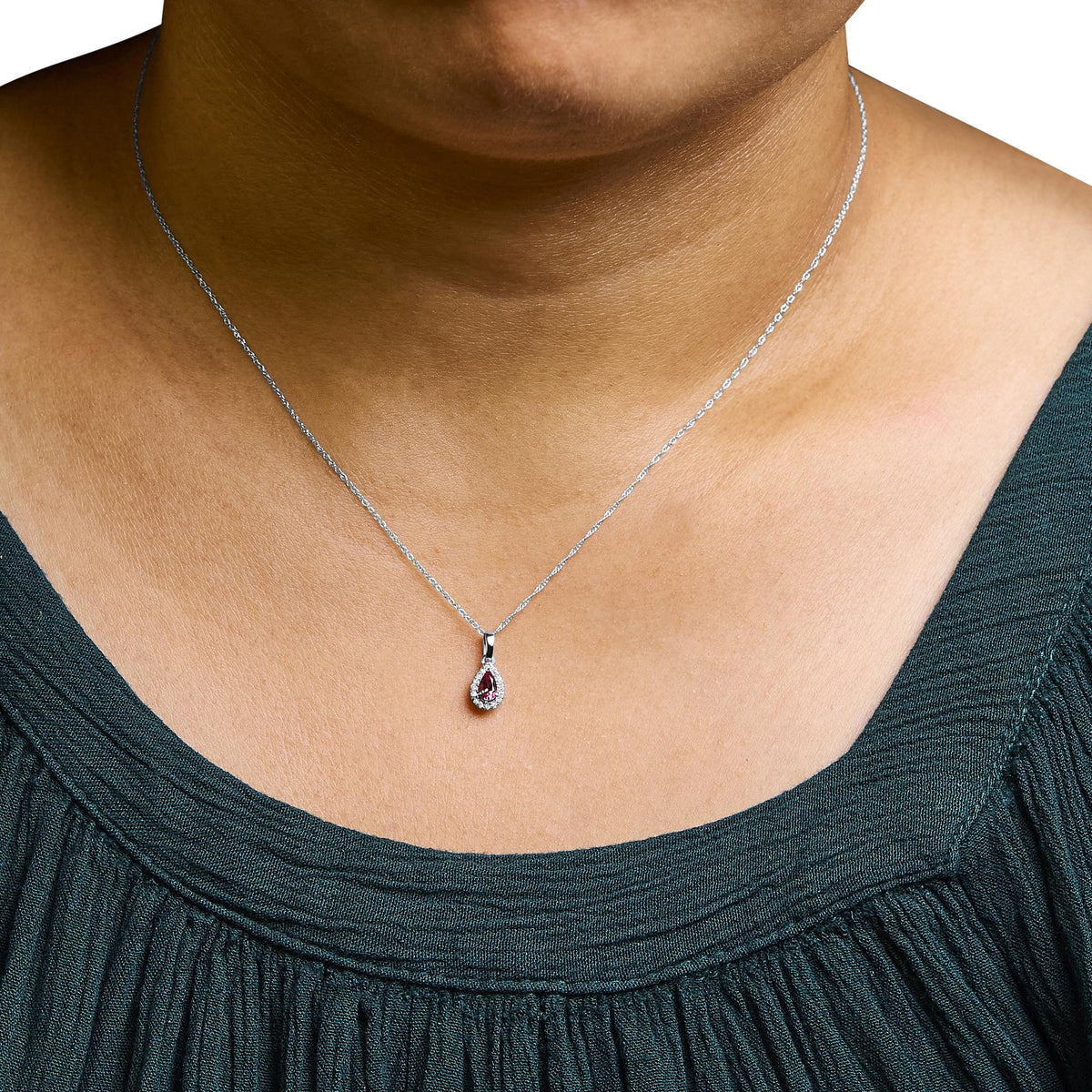 10K White Gold 5x3mm Gemstone and Diamond Accent Halo Pear Shape 18&quot; Pendant Necklace (I-J Color, I1-I2 Clarity)