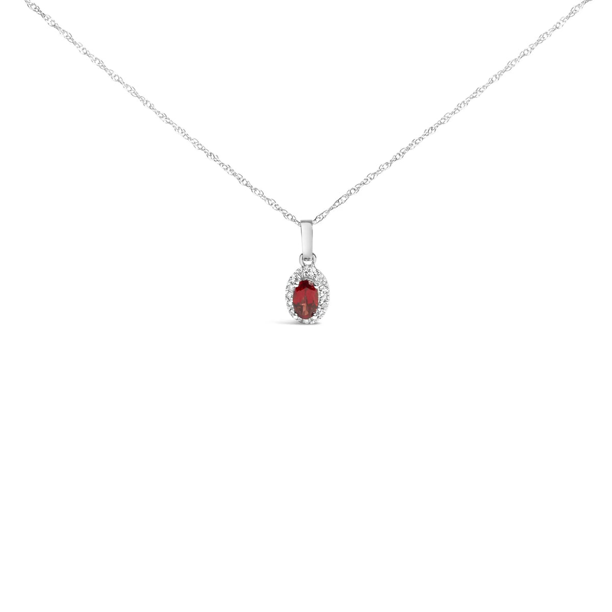 10K White Gold 5x3mm Gemstone and Diamond Accent Halo Oval Shape 18&quot; Pendant Necklace (I-J Color, I1-I2 Clarity)