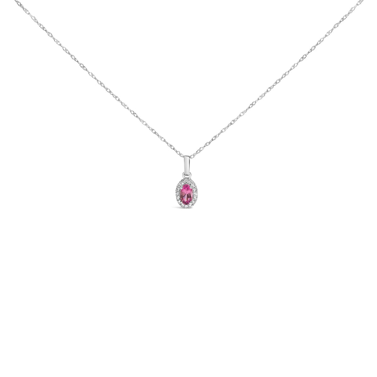 10K White Gold 5x3mm Gemstone and Diamond Accent Halo Oval Shape 18&quot; Pendant Necklace (I-J Color, I1-I2 Clarity)