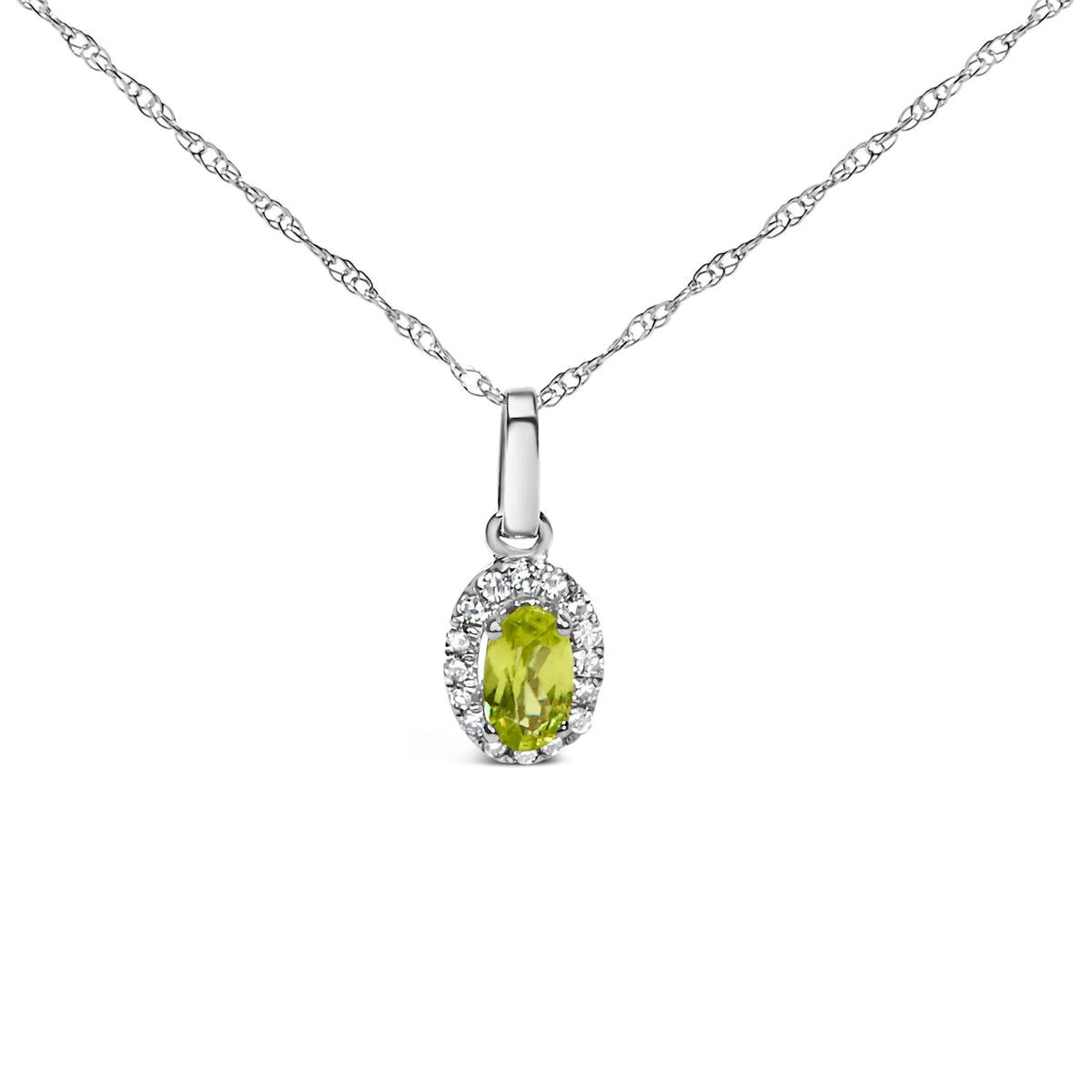 10K White Gold 5x3mm Gemstone and Diamond Accent Halo Oval Shape 18&quot; Pendant Necklace (I-J Color, I1-I2 Clarity)