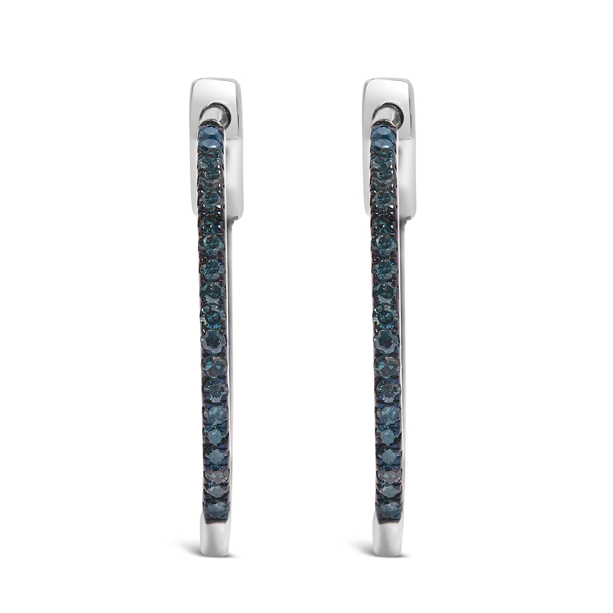 925 Sterling Silver 1/3 Cttw Inside Out Blue Treated Diamond 1MM Wide Hoop Earrings (Blue Color, I2-I3 Clarity)