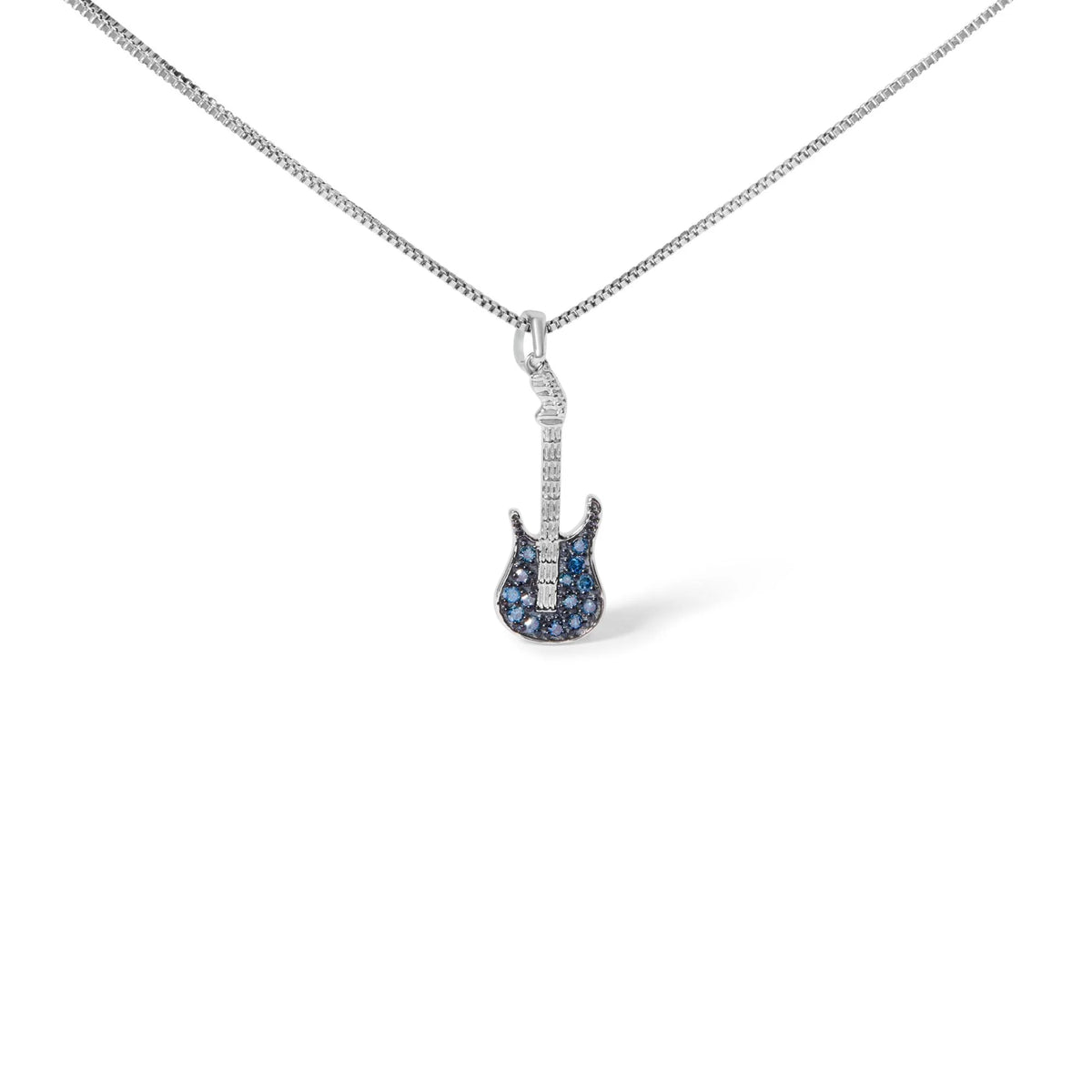 925 Sterling Silver 1/10 Cttw Treated  Diamond Guitar 18&quot; Pendant Necklace (Blue Color, I2-I3 Clarity)