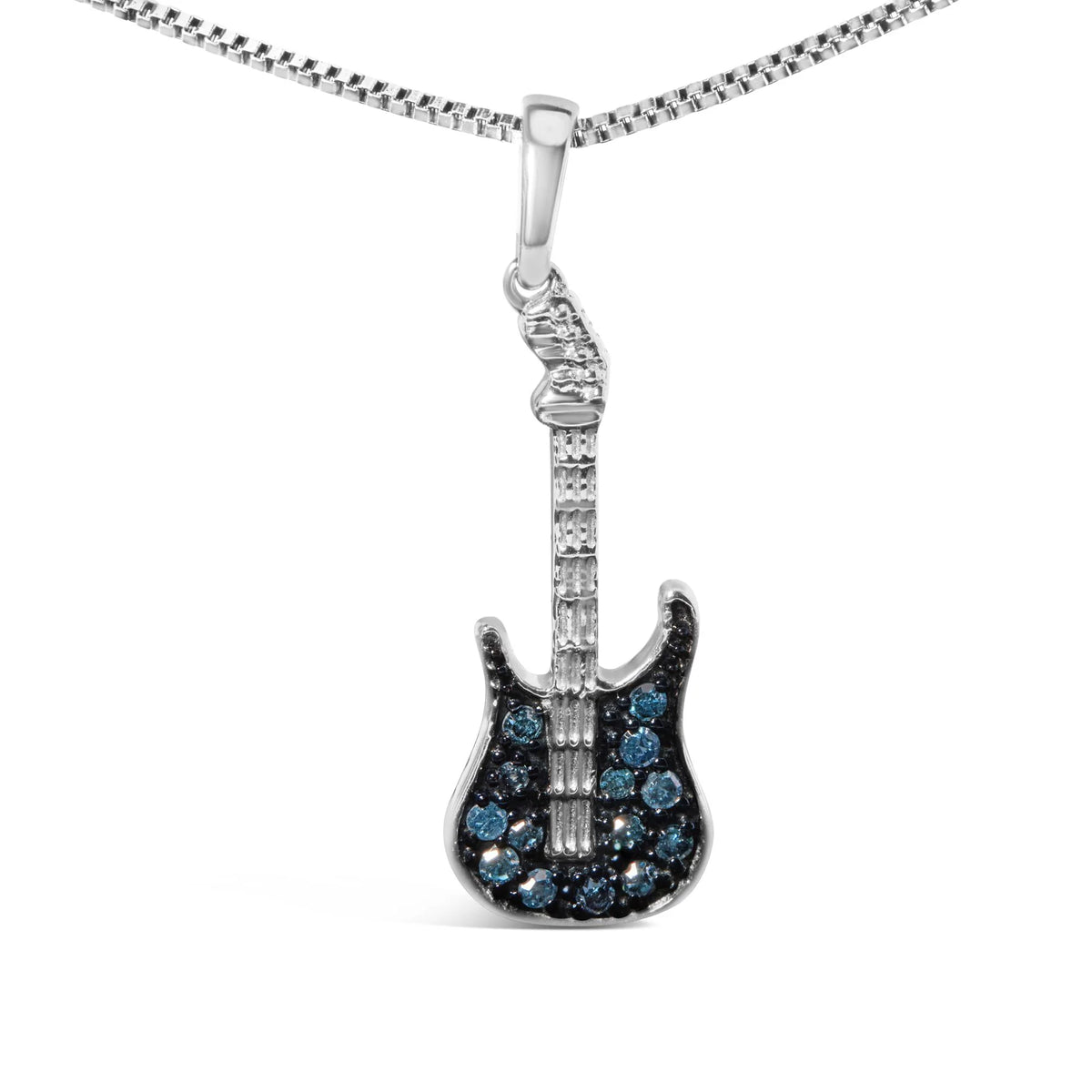 925 Sterling Silver 1/10 Cttw Treated  Diamond Guitar 18&quot; Pendant Necklace (Blue Color, I2-I3 Clarity)