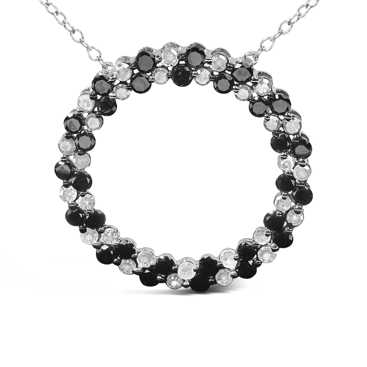 .925 Sterling Silver 1 3/5 Cttw Alternating Treated Black and White Diamond Double Row Open Circle Pendant Necklace (H-I Color, I3 Clarity) - 18&quot;