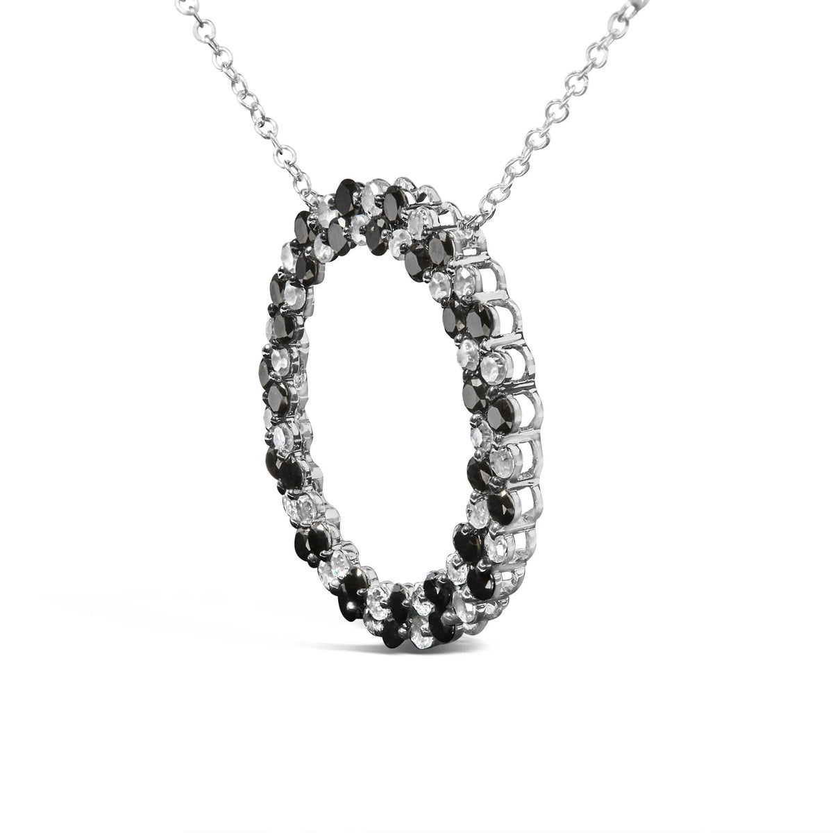 .925 Sterling Silver 1 3/5 Cttw Alternating Treated Black and White Diamond Double Row Open Circle Pendant Necklace (H-I Color, I3 Clarity) - 18&quot;