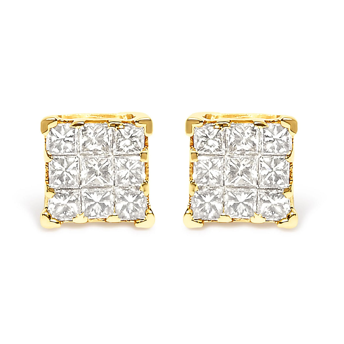 14K Yellow Gold 1/2 Cttw Invisible Set Princess-Cut Diamond 9 Stone Square Stud Earrings (J-K Color, SI2-I1 Clarity)