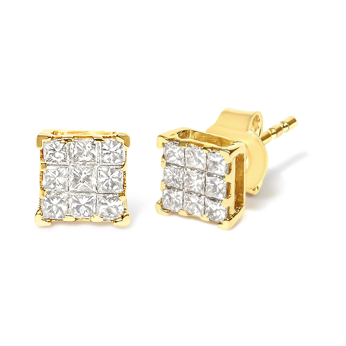 14K Yellow Gold 1/2 Cttw Invisible Set Princess-Cut Diamond 9 Stone Square Stud Earrings (J-K Color, SI2-I1 Clarity)