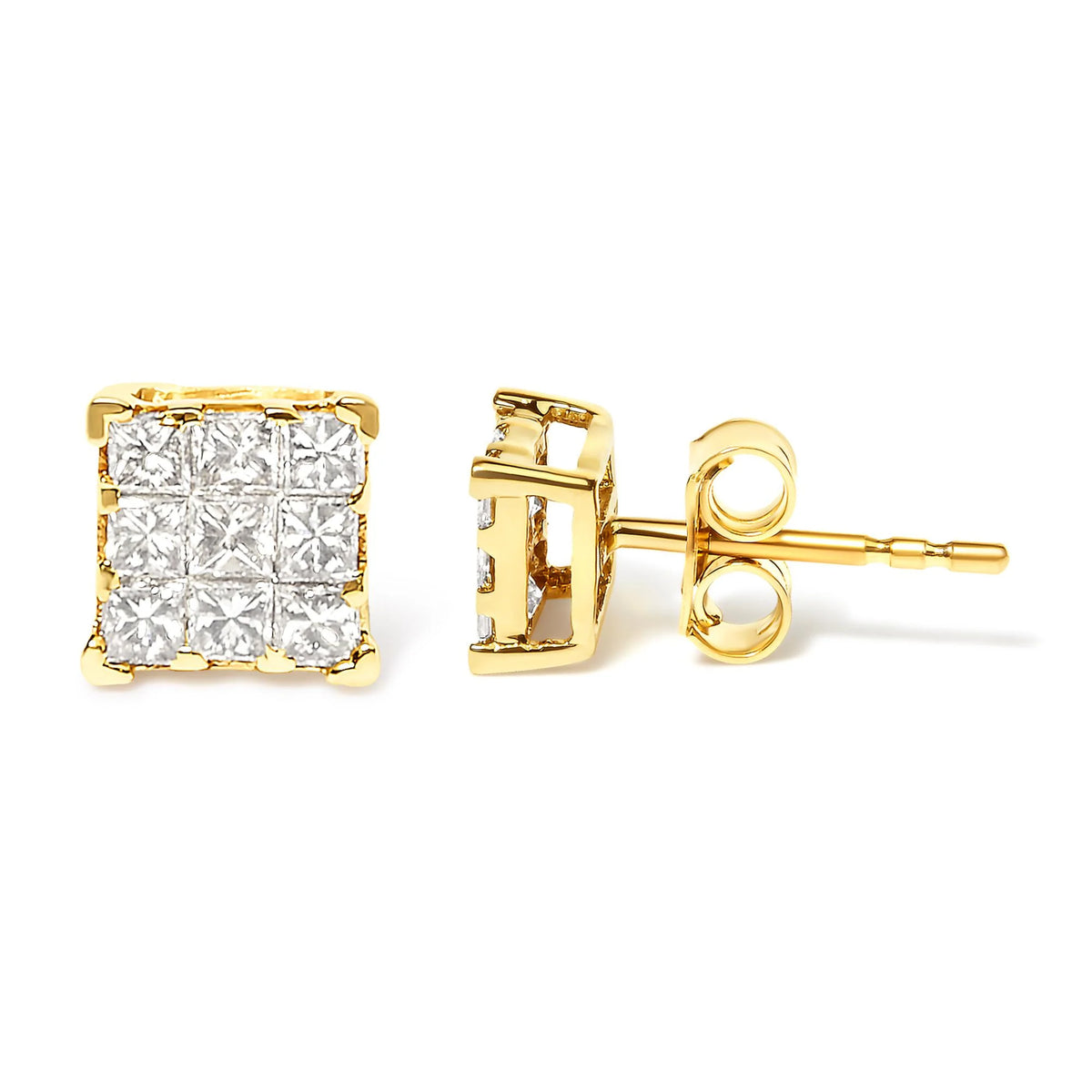 14K Yellow Gold 1/2 Cttw Invisible Set Princess-Cut Diamond 9 Stone Square Stud Earrings (J-K Color, SI2-I1 Clarity)