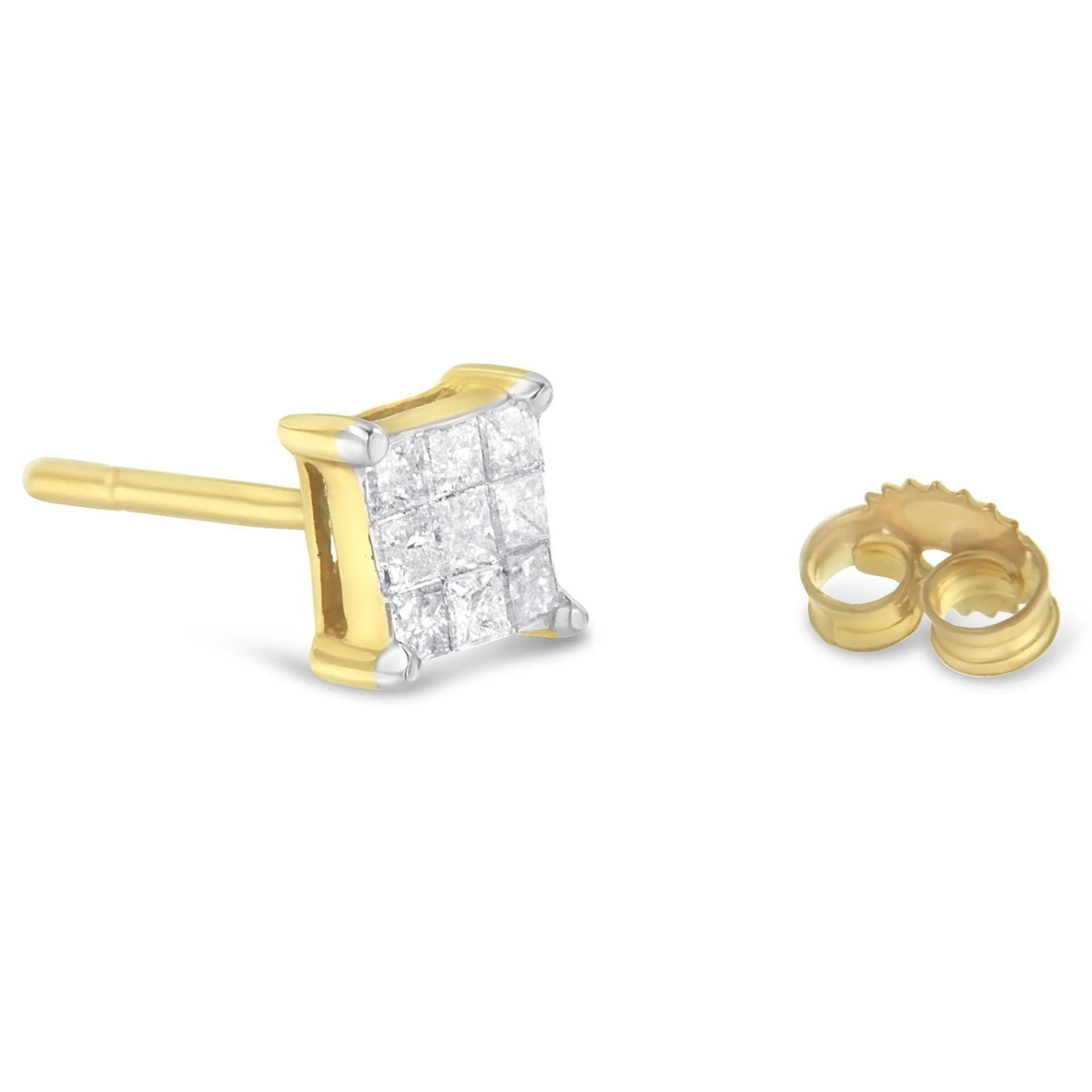 14K Yellow Gold 1/2 Cttw Invisible Set Princess-Cut Diamond 9 Stone Square Stud Earrings (J-K Color, SI2-I1 Clarity)