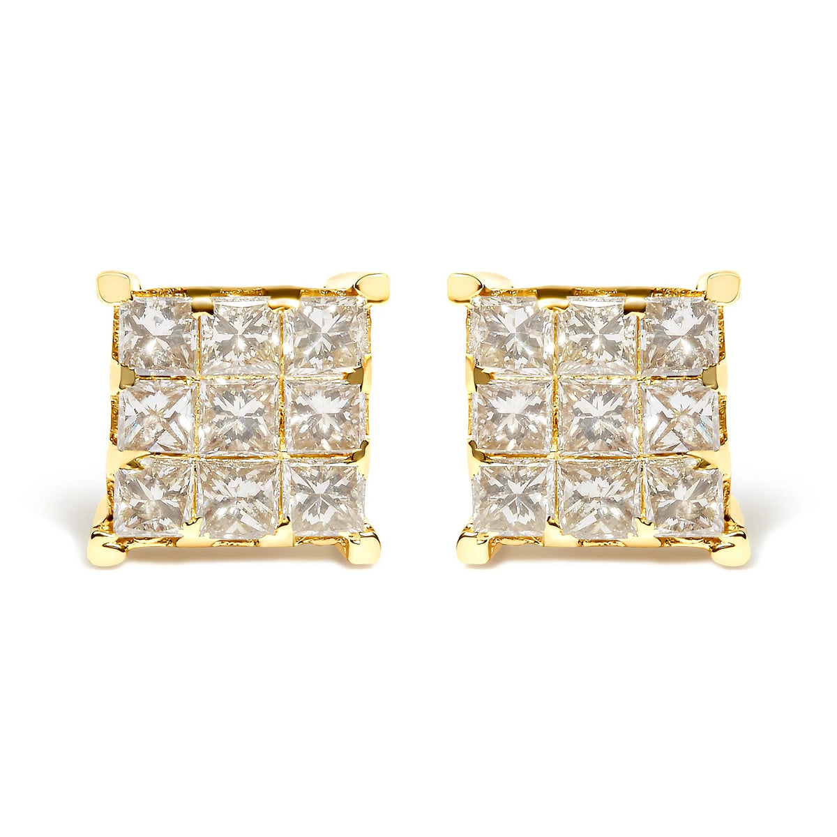 14K Yellow Gold 1 1/2 Cttw Invisible Set Princess-Cut Diamond 9 Stone Square Stud Earrings (J-K Color, SI2-I1 Clarity)