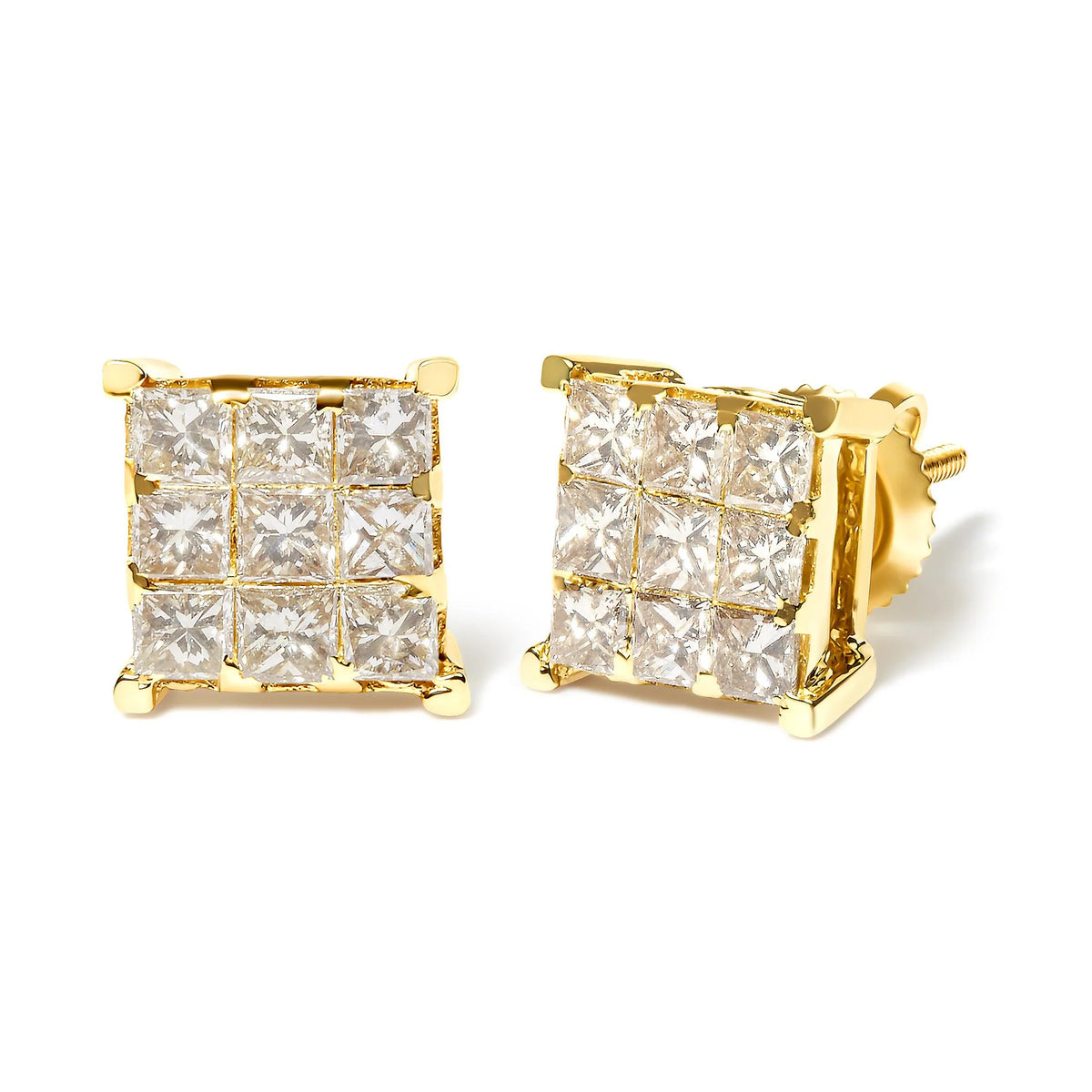 14K Yellow Gold 1 1/2 Cttw Invisible Set Princess-Cut Diamond 9 Stone Square Stud Earrings (J-K Color, SI2-I1 Clarity)