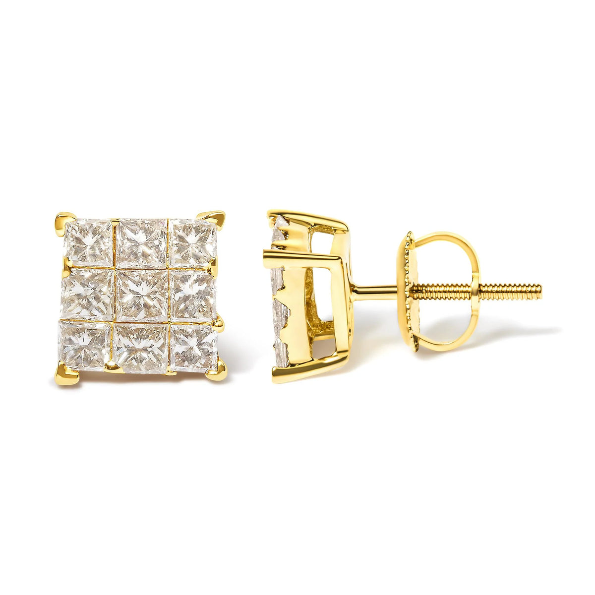 14K Yellow Gold 1 1/2 Cttw Invisible Set Princess-Cut Diamond 9 Stone Square Stud Earrings (J-K Color, SI2-I1 Clarity)