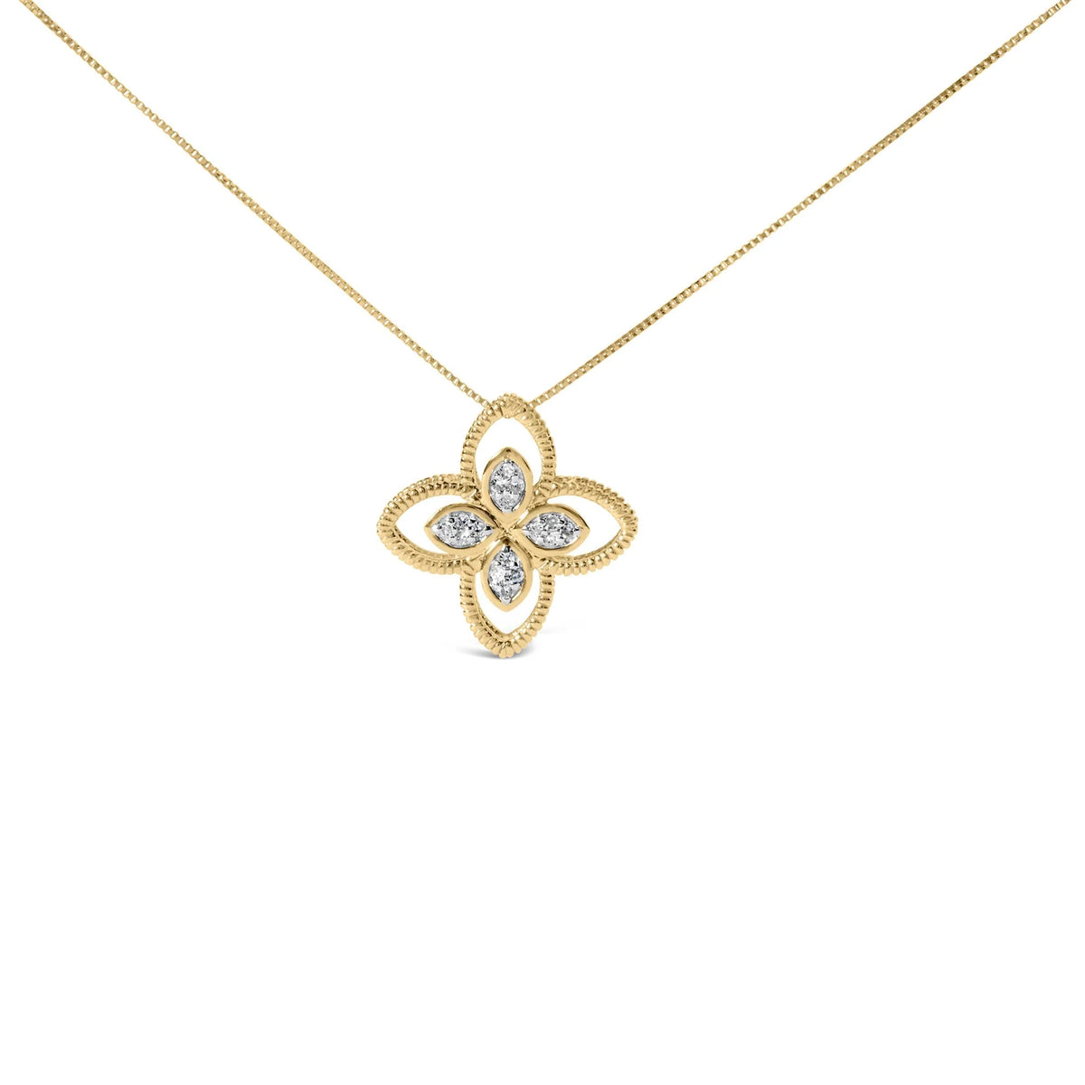 10K Yellow Gold 1/10 Cttw Diamond Floral Motif with Beaded Halo Pendant 18&quot; Necklace (I-J Color, I1-I2 Clarity)