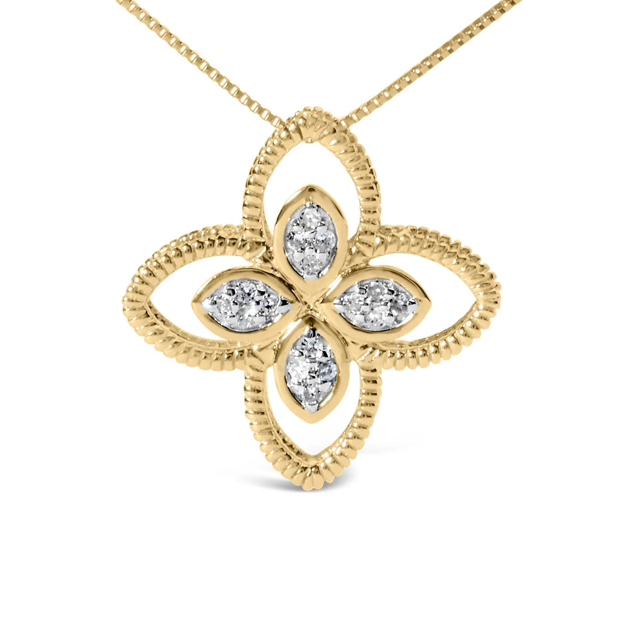 10K Yellow Gold 1/10 Cttw Diamond Floral Motif with Beaded Halo Pendant 18&quot; Necklace (I-J Color, I1-I2 Clarity)