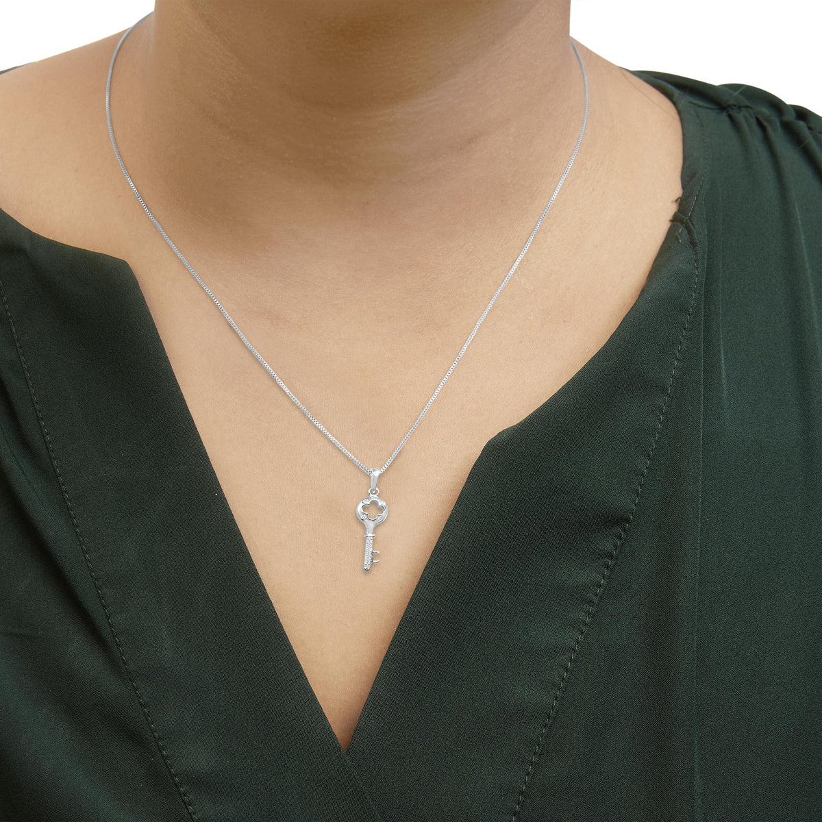 .925 Sterling Silver Diamond Accent Key Pendant Necklace (I-J Color, I2-I3 Clarity) - 18&quot; Inches