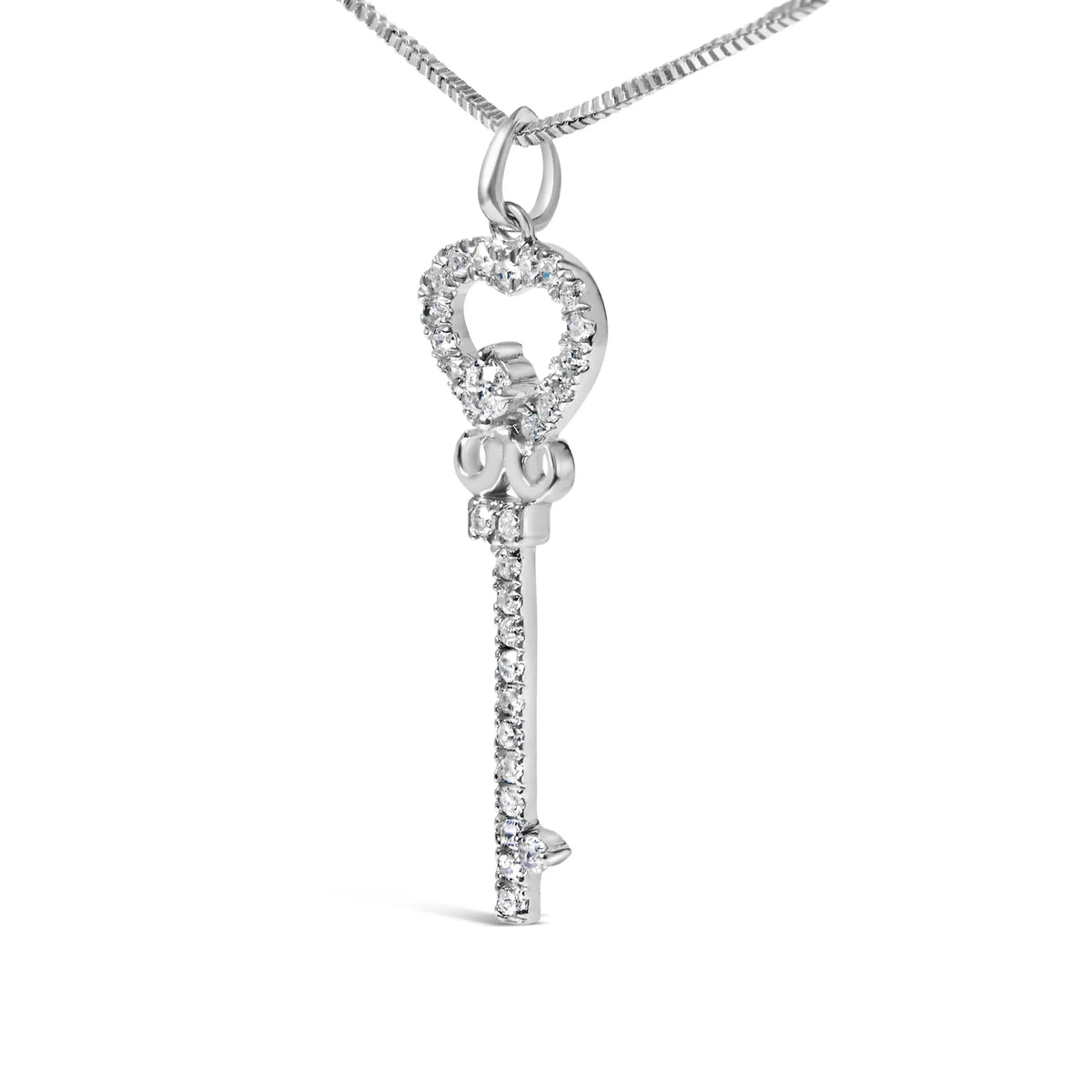 .925 Sterling Silver 1/3 Ctw Diamond Studded Key 18&quot; Pendant Necklace (H-I Color, I2-I3 Clarity)