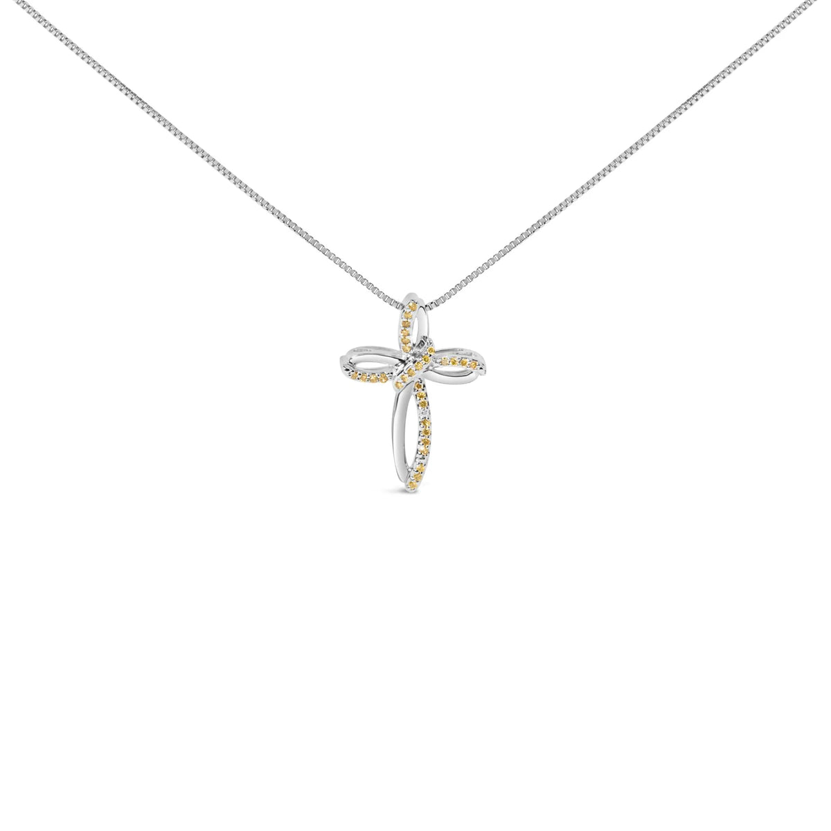 .925 Sterling Silver 1/10 Cttw Yellow Diamond Swirl Ribbon and Cross Pendant Necklace (Yellow Color, I3 Clarity)