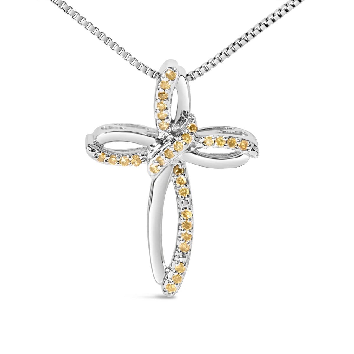 .925 Sterling Silver 1/10 Cttw Yellow Diamond Swirl Ribbon and Cross Pendant Necklace (Yellow Color, I3 Clarity)