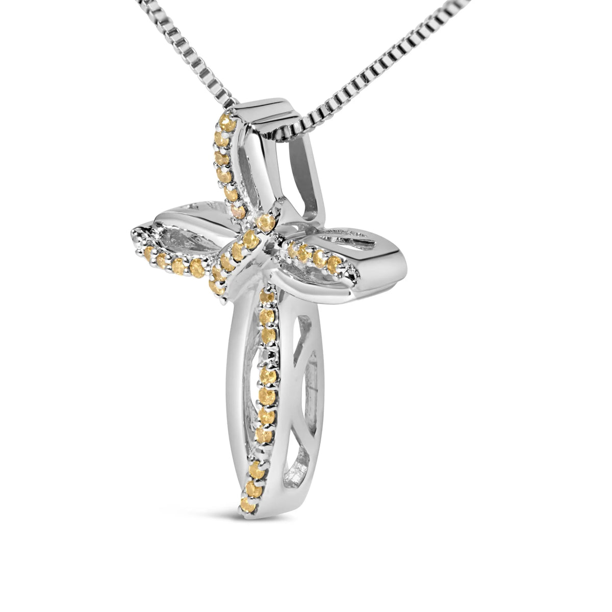 .925 Sterling Silver 1/10 Cttw Yellow Diamond Swirl Ribbon and Cross Pendant Necklace (Yellow Color, I3 Clarity)