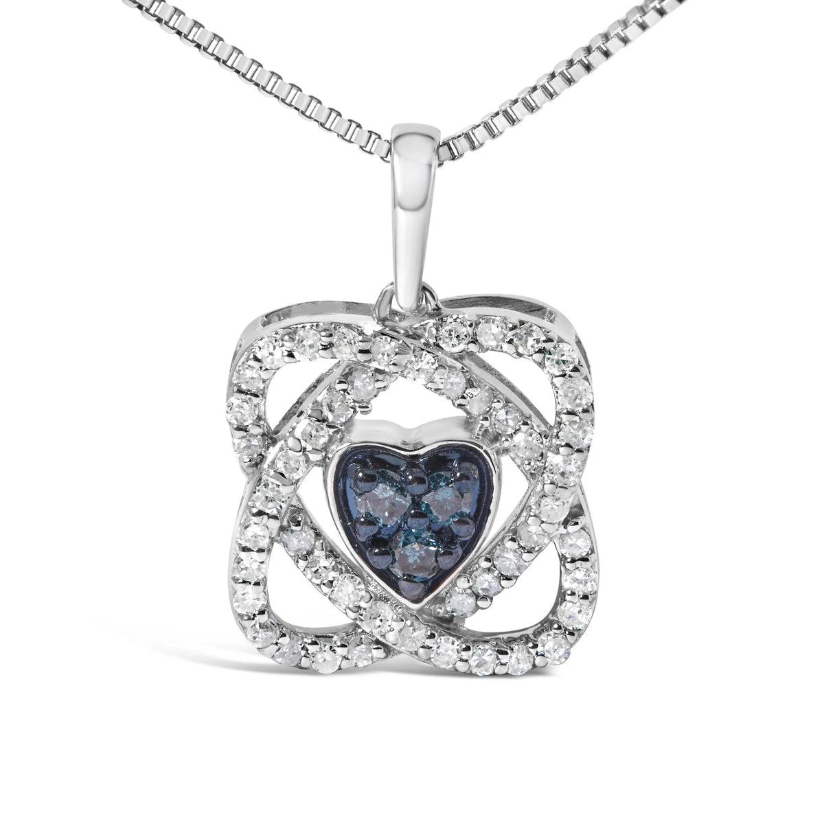 .925 Sterling Silver 3/8 Cttw Blue Diamond Heart and Woven Halo 18&quot; Pendant Necklace (Blue Color, I1-I2 Clarity)