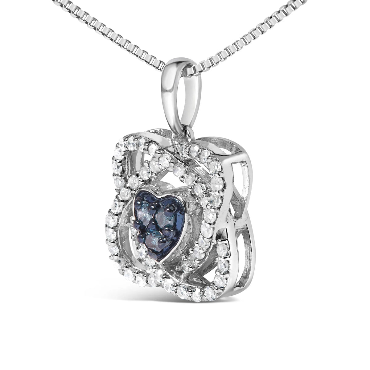 .925 Sterling Silver 3/8 Cttw Blue Diamond Heart and Woven Halo 18&quot; Pendant Necklace (Blue Color, I1-I2 Clarity)