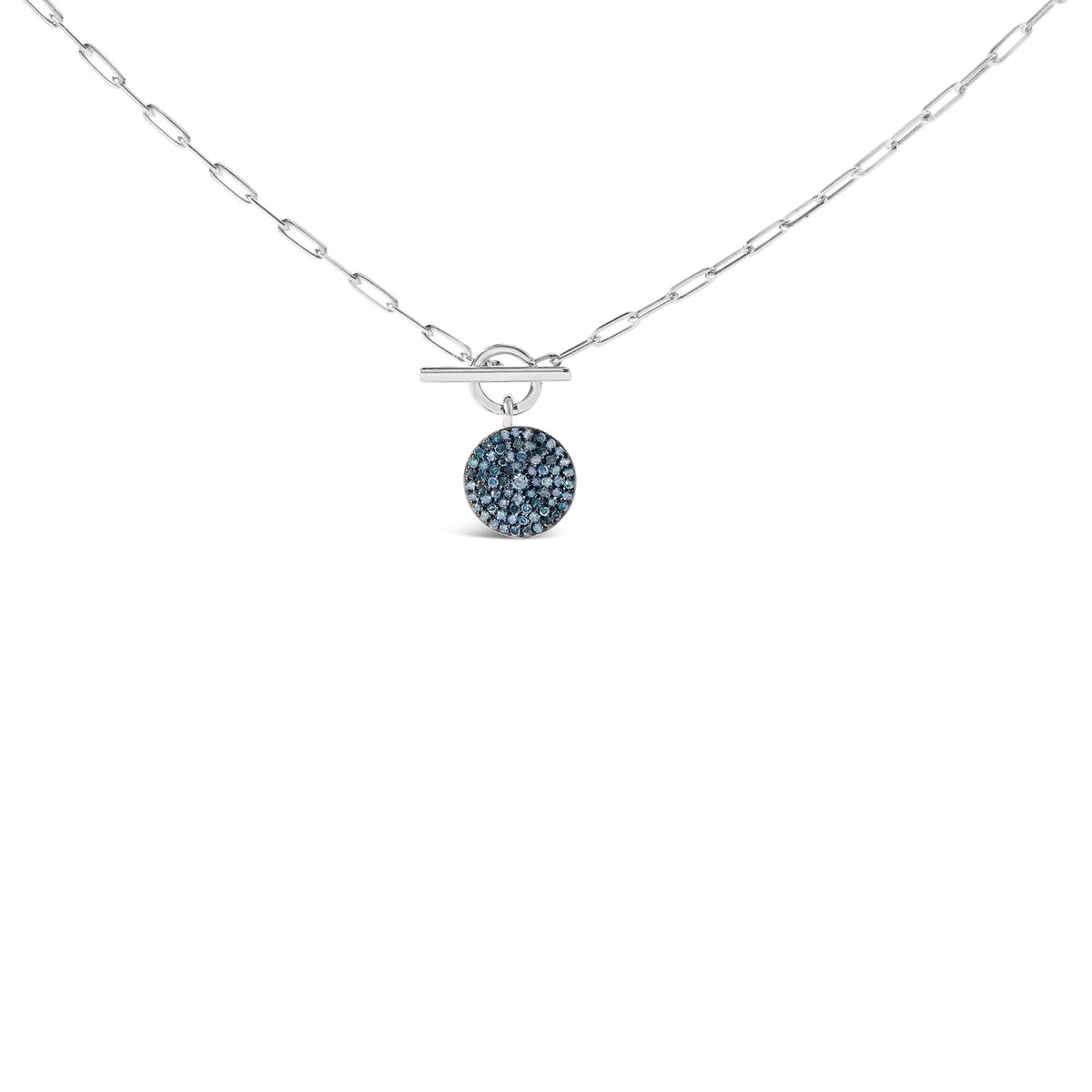 .925 Sterling Silver 3/8 Cttw Blue Diamond Medallion with Toggle Bale Paperclip Chain Pendant Necklace (Blue Color, SI1-SI2 Clarity) - 18&quot; Inches