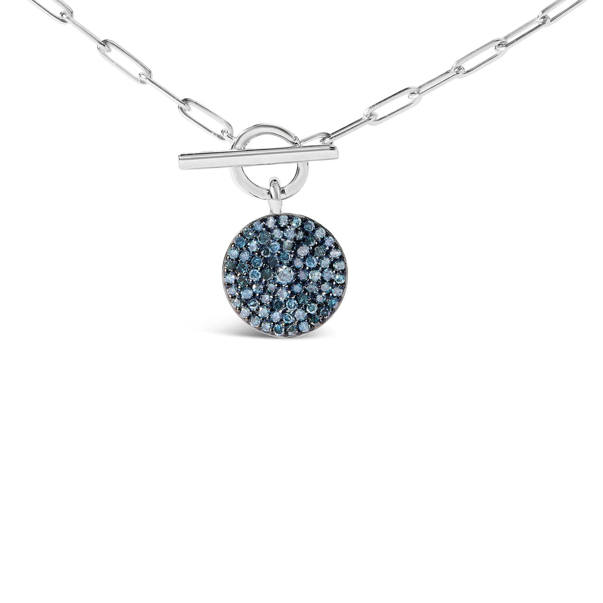 .925 Sterling Silver 3/8 Cttw Blue Diamond Medallion with Toggle Bale Paperclip Chain Pendant Necklace (Blue Color, SI1-SI2 Clarity) - 18&quot; Inches