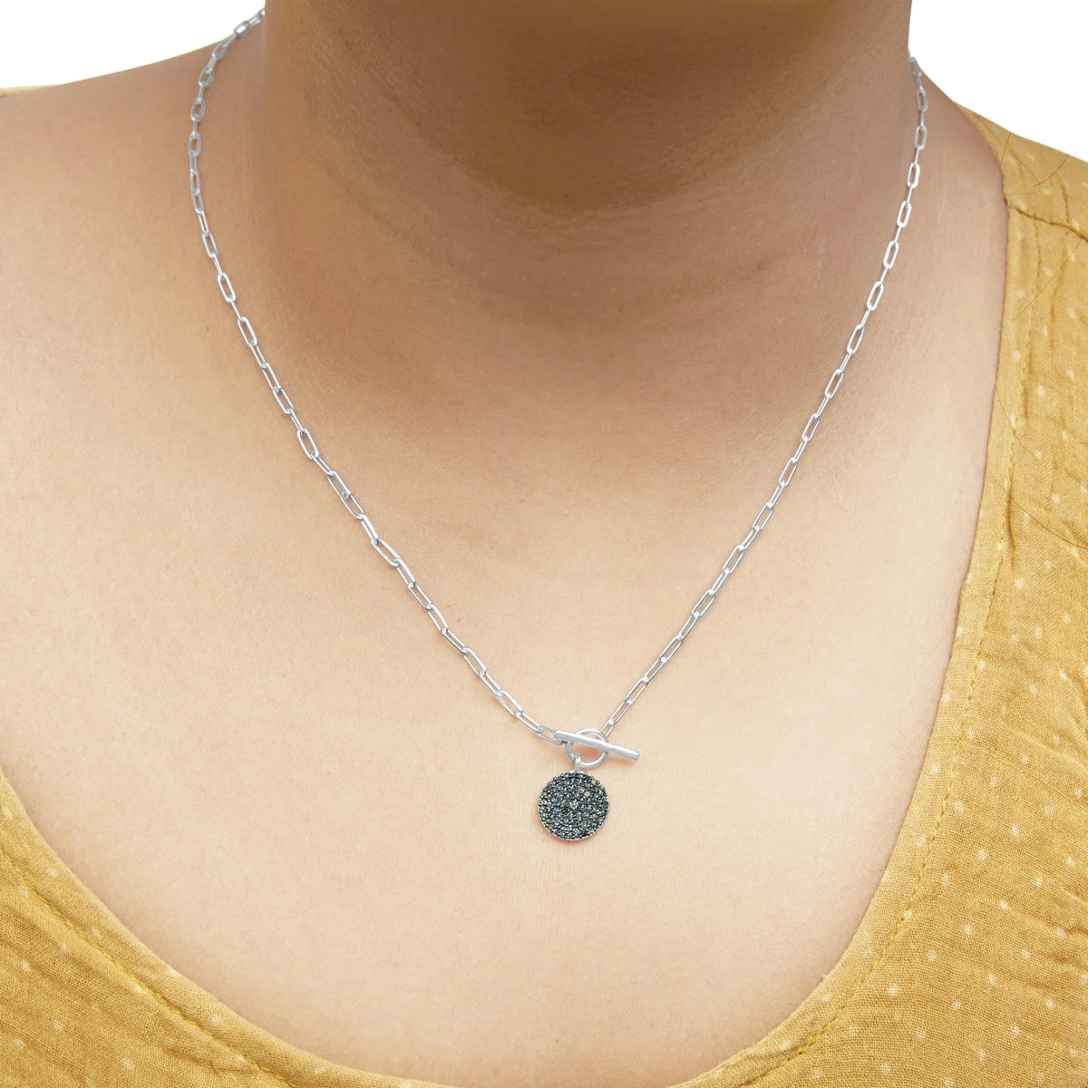 .925 Sterling Silver 3/8 Cttw Blue Diamond Medallion with Toggle Bale Paperclip Chain Pendant Necklace (Blue Color, SI1-SI2 Clarity) - 18&quot; Inches