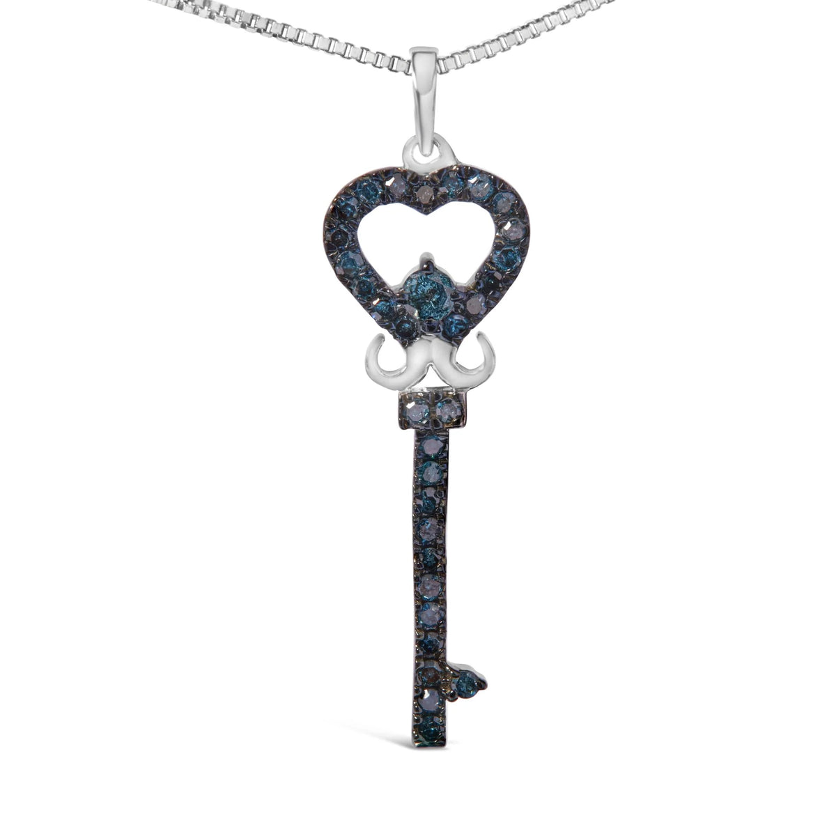 .925 Sterling Silver 1/3 Ctw Blue Diamond Studded Key 18&quot; Pendant Necklace (Blue Color, I2-I3 Clarity)