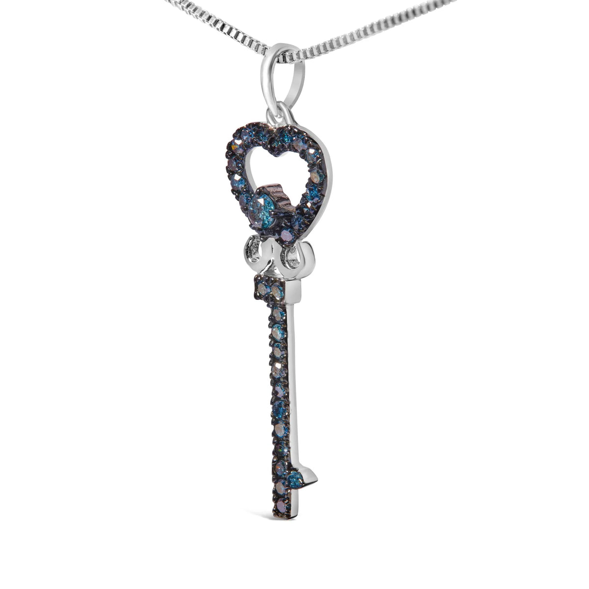 .925 Sterling Silver 1/3 Ctw Blue Diamond Studded Key 18&quot; Pendant Necklace (Blue Color, I2-I3 Clarity)