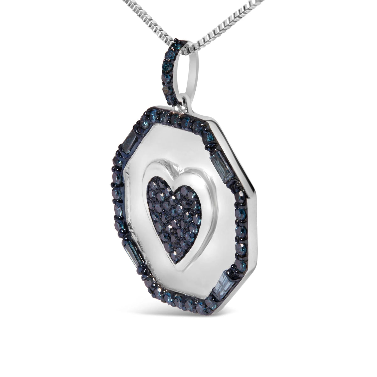 .925 Sterling Silver 5/8 Cttw Blue Diamond Mirror Plate with Heart and Diamond Halo 18&quot; Pendant Necklace (Blue Color, I2-I3 Clarity)