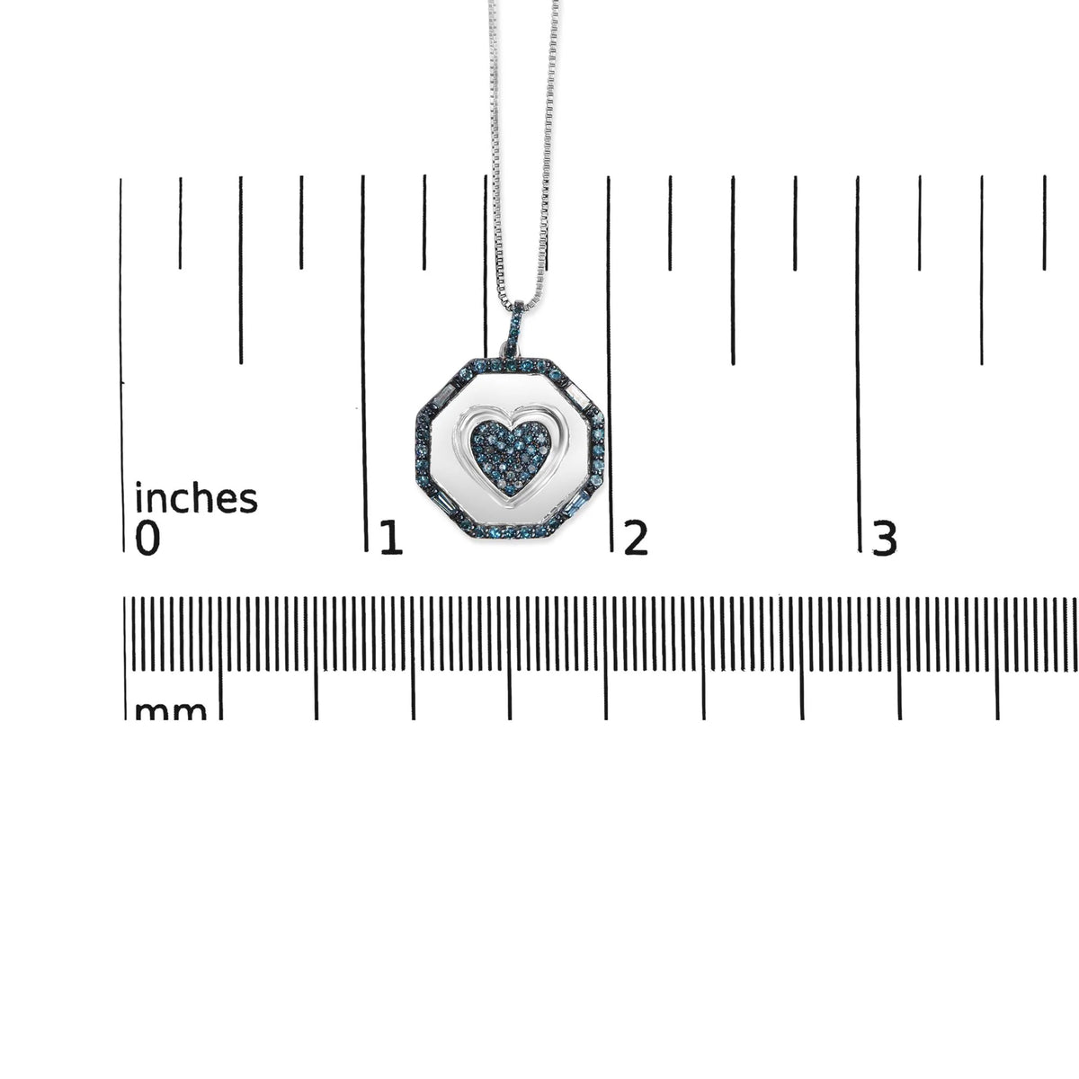 .925 Sterling Silver 5/8 Cttw Blue Diamond Mirror Plate with Heart and Diamond Halo 18&quot; Pendant Necklace (Blue Color, I2-I3 Clarity)