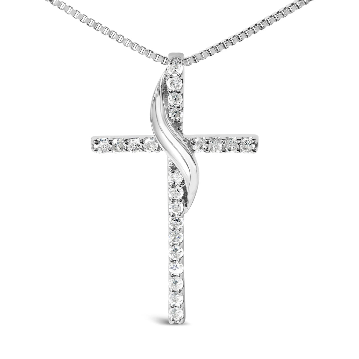 .925 Sterling Silver 1/4 Cttw Diamond Ribbon Swirl over Cross Pendant Necklace (H-I Color, I2-I3 Clarity) - 18&quot; Inches