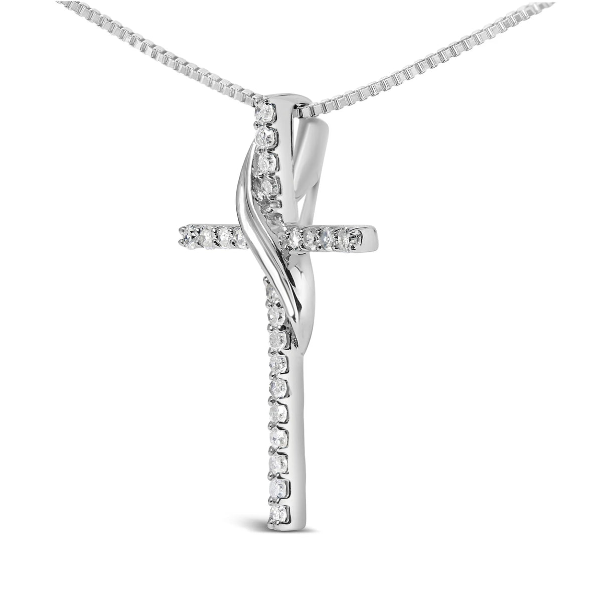 .925 Sterling Silver 1/4 Cttw Diamond Ribbon Swirl over Cross Pendant Necklace (H-I Color, I2-I3 Clarity) - 18&quot; Inches