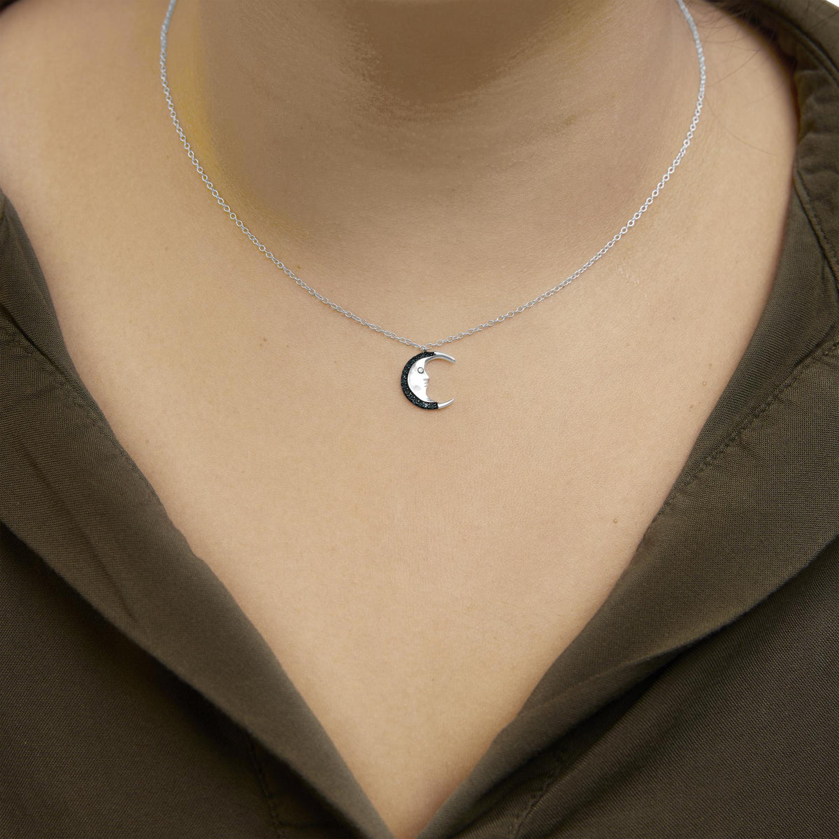 .925 Sterling Silver 1/10ct Blue Diamond Crescent Man on the Moon 18&quot; Pendant Necklace (Blue Color, SI1-SI2 Clarity)