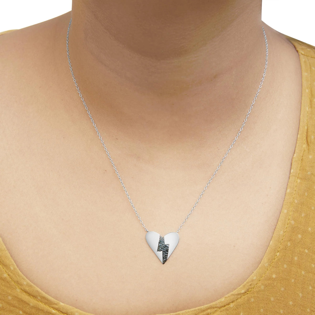 .925 Sterling Silver Blue Diamond Broken Heart Pendant Necklace (H-I Color, I1-I2 Clarity) - 18&quot; Inches