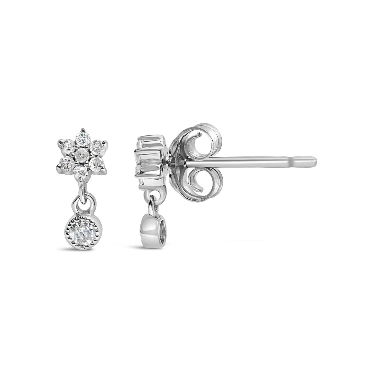 .925 Sterling Silver 1/10 Cttw Diamond Star Stud with Bezel Drop Dangle Earrings (I-J Color, I2-I3 Clarity)