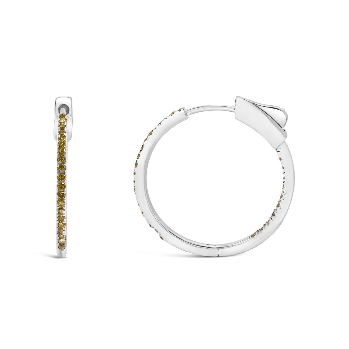 .925 Sterling Silver 1/3 Cttw Inside Out Yellow Treated Diamond 1MM Wide Hoop Earrings (Yellow Color, I2-I3 Clarity)