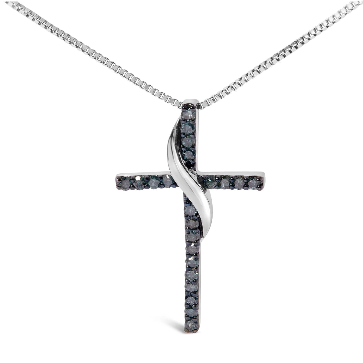 .925 Sterling Silver 1/4 Cttw Blue Diamond Ribbon Swirl over Cross Pendant Necklace (Blue Color, I2-I3 Clarity) - 18&quot; Inches