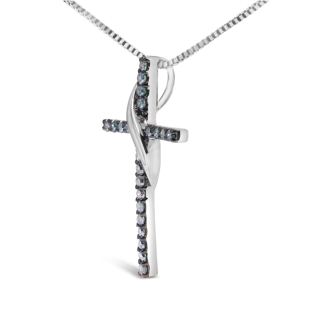 .925 Sterling Silver 1/4 Cttw Blue Diamond Ribbon Swirl over Cross Pendant Necklace (Blue Color, I2-I3 Clarity) - 18&quot; Inches