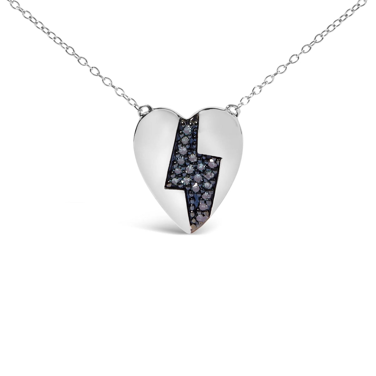 925 Sterling Silver 1/3 Ctw Blue Diamond Heart and Lightning Bolt Pendant Necklace (Blue Color, SI1-SI2 Clarity) -  18&quot; Inches