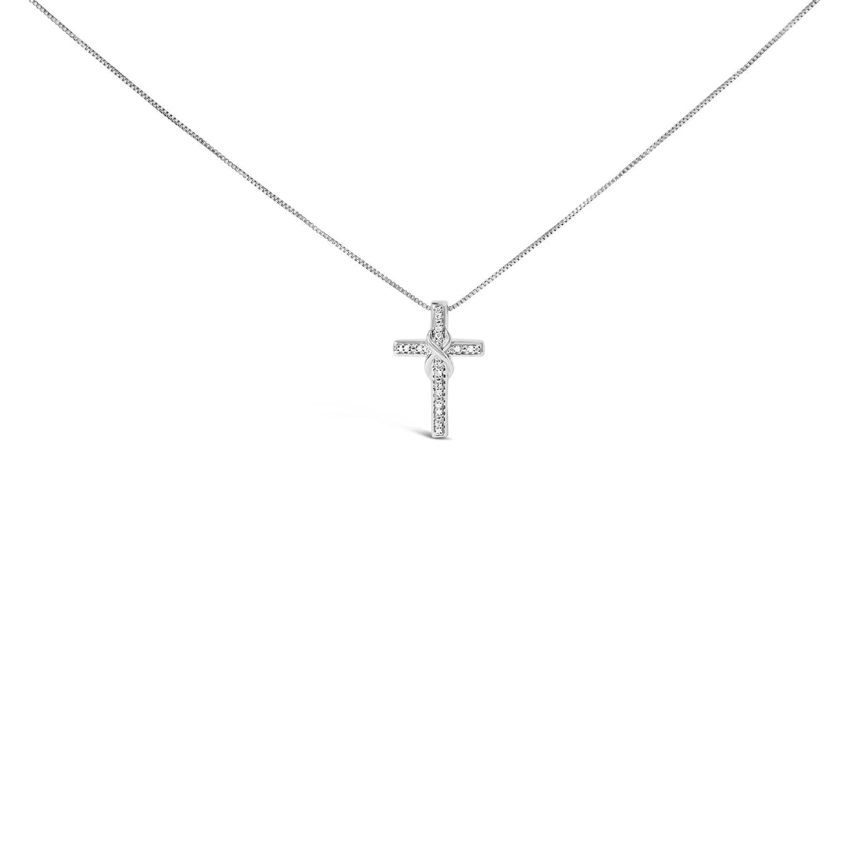 .925 Sterling Silver 1/10 Cttw Diamond Inlaid Cross with Ribbon Pendant Necklace (I-J Color, I2-I3 Clarity) - 18&quot;