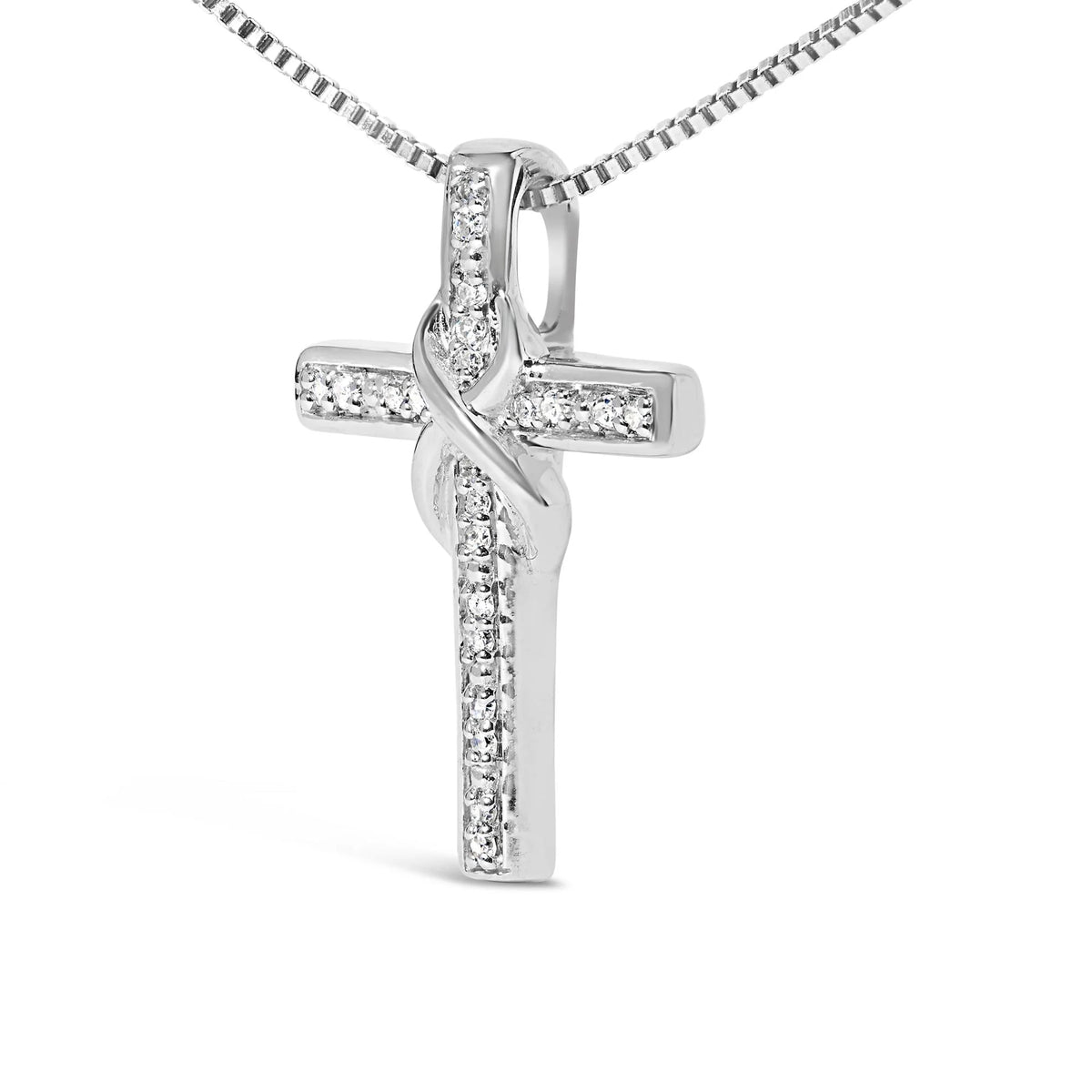 .925 Sterling Silver 1/10 Cttw Diamond Inlaid Cross with Ribbon Pendant Necklace (I-J Color, I2-I3 Clarity) - 18&quot;